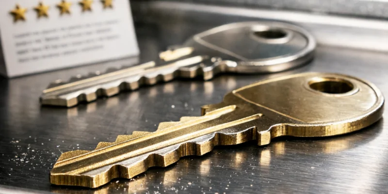 Primer plano extremo de una llave de seguridad recién cortada sobre una bandeja de acero, resaltando su precisión. Quien ofrece duplicados de llaves de seguridad mas precisos en mi area.