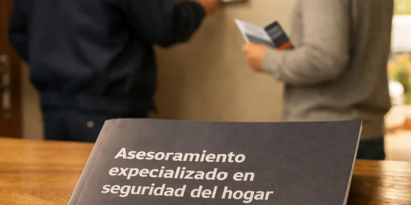 Brochure sobre seguridad del hogar en mesa de madera, técnico gesticulando hacia panel de control, luz cálida y suave.