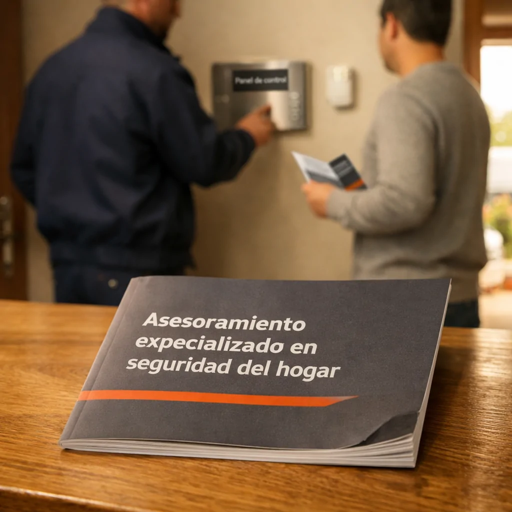 Brochure sobre seguridad del hogar en mesa de madera, técnico gesticulando hacia panel de control, luz cálida y suave.