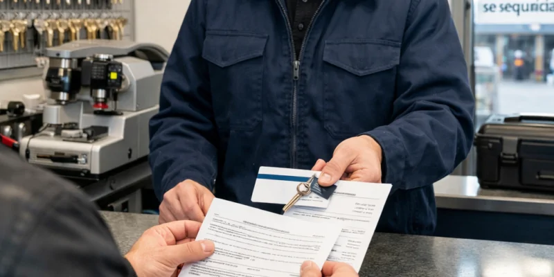 Cerrajero entrega una llave duplicada y documentos a un cliente; letrero: “Duplicado de llaves de seguridad”. Cual es el mejor lugar para duplicar llaves de seguridad cerca de mi
