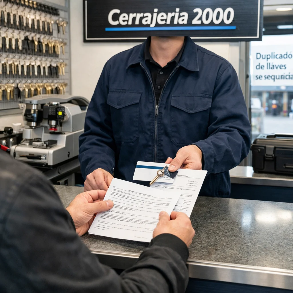 Cerrajero entrega una llave duplicada y documentos a un cliente; letrero: “Duplicado de llaves de seguridad”. Cual es el mejor lugar para duplicar llaves de seguridad cerca de mi